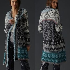 Pilcro Stars Mixed-Pattern Fringed Cardigan Sweater